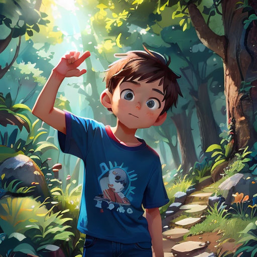 a boy in a blue shirt is standing in the woods with his hand up to the sky and his hand up to his head