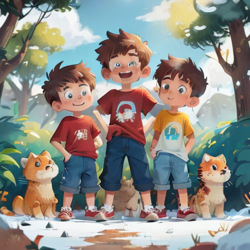 three boys standing in the woods with their dogs and cats behind them, with a cartoon of a boy and two boys standing in front of them