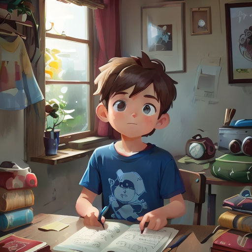 a boy sitting at a desk with a book and pen in his hand and a window in the background