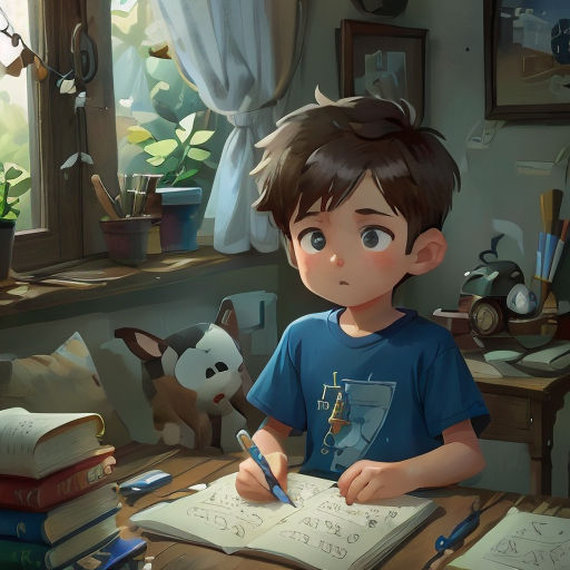 a boy is sitting at a desk writing on a book and a pen is in front of him and a window is behind him