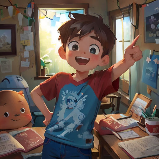 a boy pointing at a book with a stuffed animal in the background and a stuffed animal in the foreground