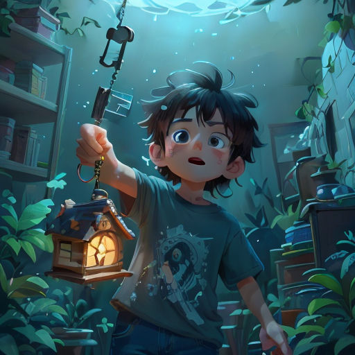 a boy holding a lantern in a room with plants and a clock on it's chain, with a light shining on the ceiling