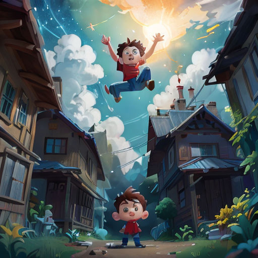 a boy flying through the air over a city with houses and clouds in the background, with a girl in the foreground