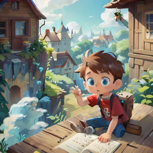 a boy sitting on a wooden platform in front of a book and a house with a waterfall in the background