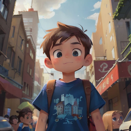 a boy in a blue shirt and backpack standing in front of a city street with buildings and people in the background