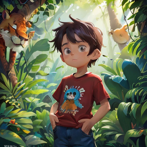 a boy standing in the middle of a jungle with a tiger behind him and a jungle background with a tiger