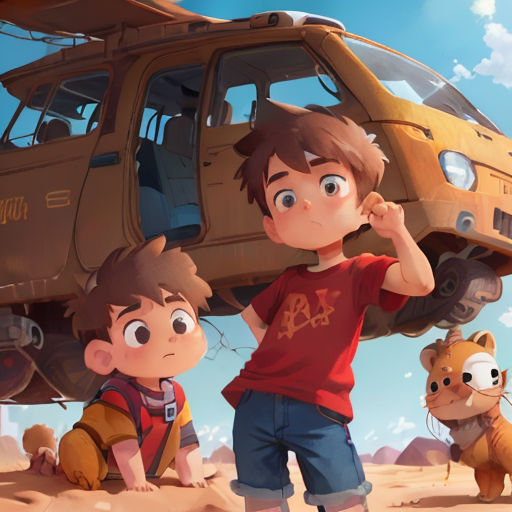 a boy and a boy are standing in front of a truck and a dog in the desert with a bear