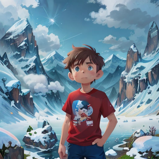 a boy standing in front of a mountain with snow on it and a sky background with clouds and mountains
