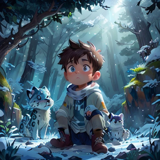 a boy sitting in the middle of a forest with two cats on the ground and a dog behind him