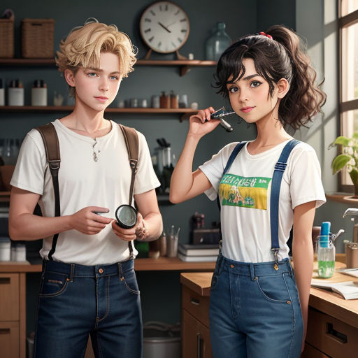 a couple of people standing in a kitchen next to each other with a clock on the wall behind them