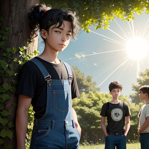 a group of young boys standing next to a tree in a park with the sun shining through the leaves