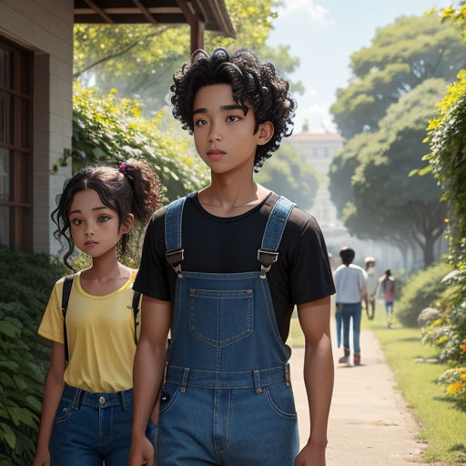 a young man and a young girl walking down a sidewalk together in front of a house with a garden