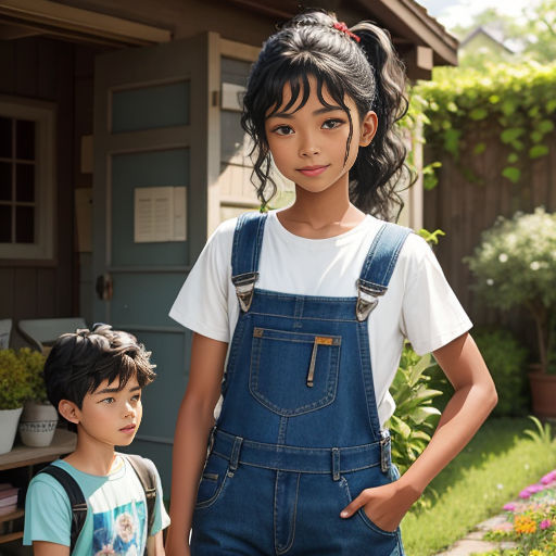 a young girl and boy standing next to each other in front of a house with flowers in the yard