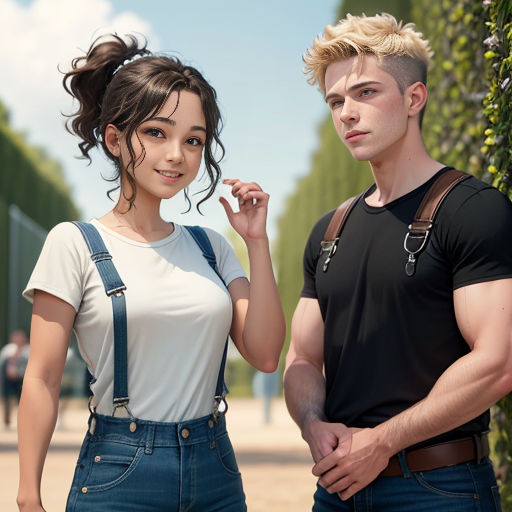 a man and a woman standing next to each other in front of a tree lined street with a man in a black shirt and a white shirt