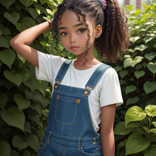 a young girl with a ponytail and a pair of denim overalls stands in front of a bush with green leaves