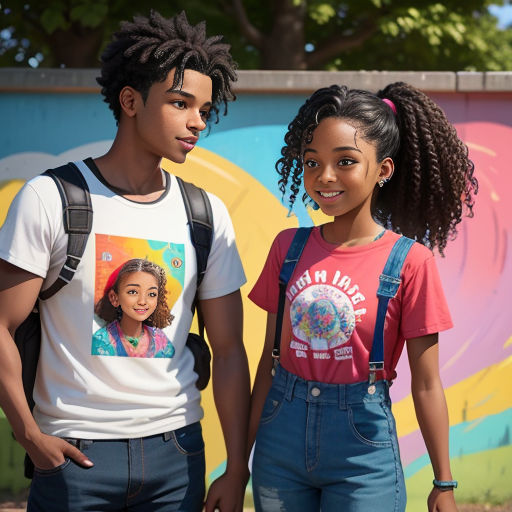 a young man and woman standing next to a wall with a mural behind them and a backpack on their back