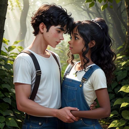 a couple of people standing next to each other in a forest with trees and bushes behind them and sunlight streaming through the trees