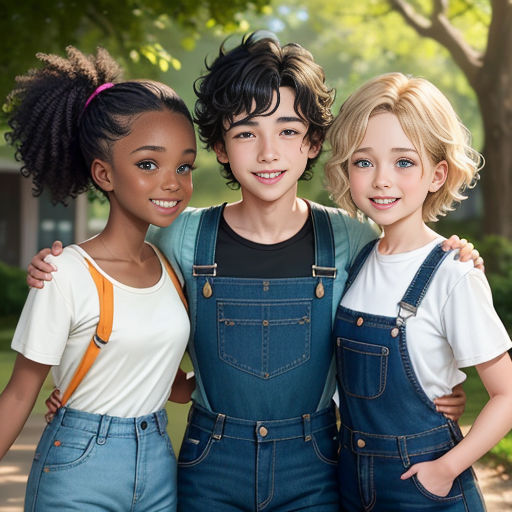 three children are posing for a picture together in overalls and a t - shirt and jeans, with a tree in the background