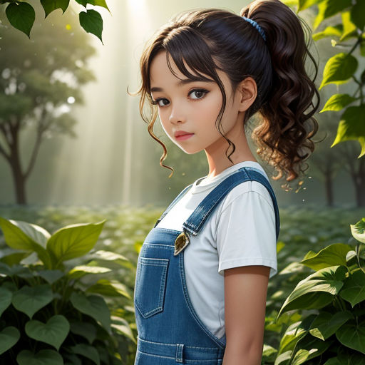a girl with a ponytail and a blue overalls stands in a field of green plants and trees, looking into the distance