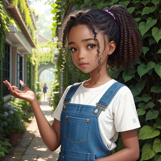a young girl is standing in front of a house with a plant behind her and a hand out to the side of her