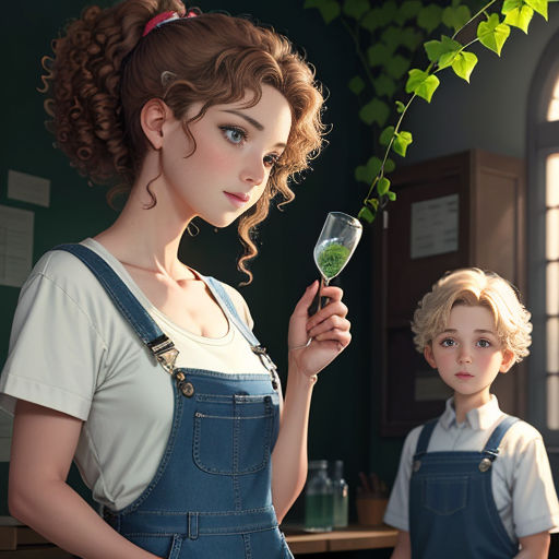 a woman holding a glass of wine next to a boy in overalls and a t - shirt with a plant in it