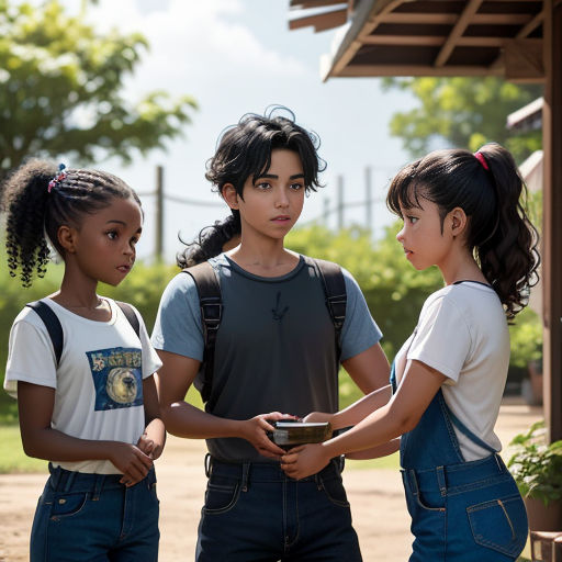 three young girls standing next to each other holding a bowl of food in their hands and looking at the camera