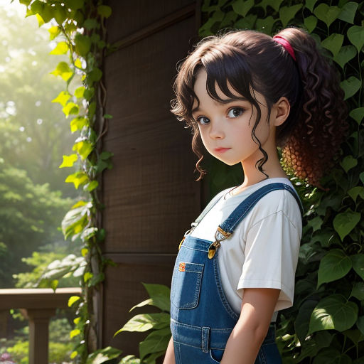 a young girl with a ponytail wearing overalls and a white shirt and a white t - shirt and a blue jean overall