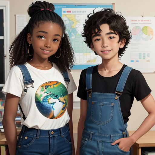 two young girls standing next to each other in a classroom with a desk and a map on the wall