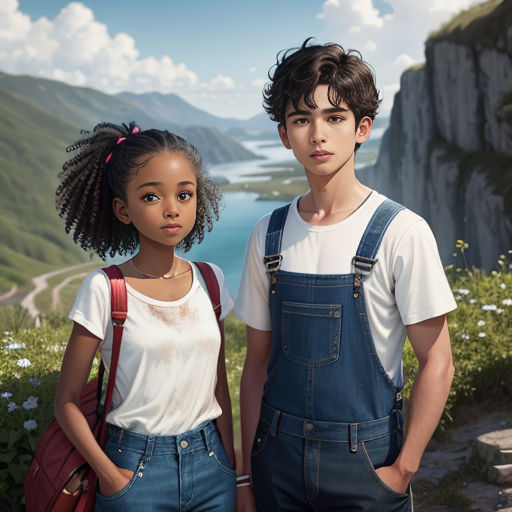 a boy and a girl standing next to each other in front of a mountain and a river with a valley in the background