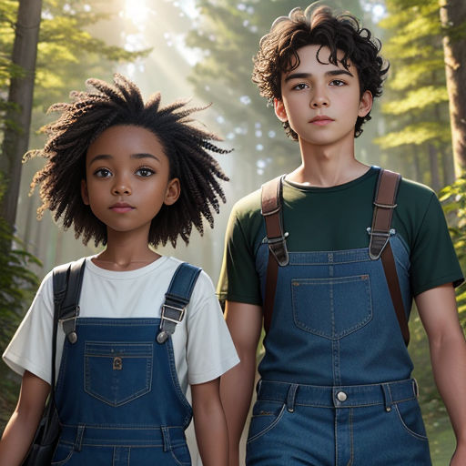 two children are standing in the woods with their backs turned to the camera, with the sun shining through the trees