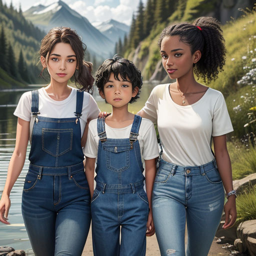 three women and a child standing in front of a lake with mountains in the background and a mountain range in the background