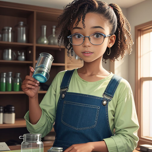 a young girl holding a glass in a kitchen with a jar of water in front of her and a jar of salt in front of her