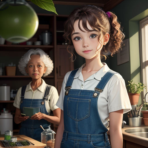 a woman standing next to a woman in a kitchen with a green apple hanging from the ceiling and a potted plant