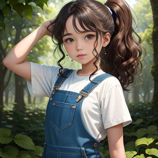 a girl with long hair and a ponytail standing in a forest with green leaves and trees in the background