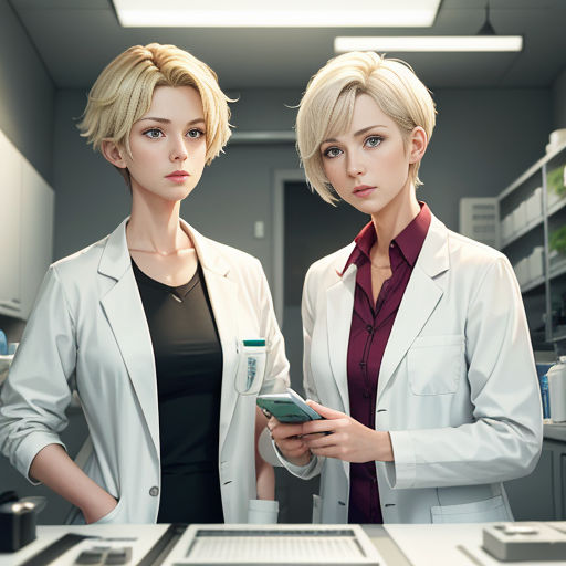 two women in lab coats looking at a cell phone together in a laboratory area with a computer on the desk