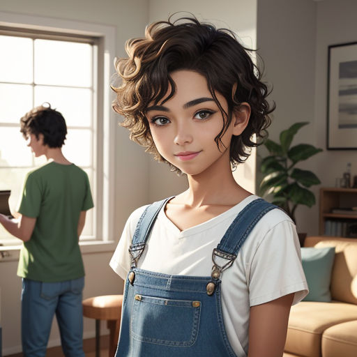 a woman with a short haircut and a green shirt standing in a living room with a man in the background