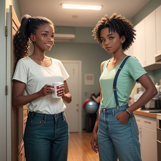 two women standing in a kitchen with a coffee cup in their hands and one holding a camera in her hand
