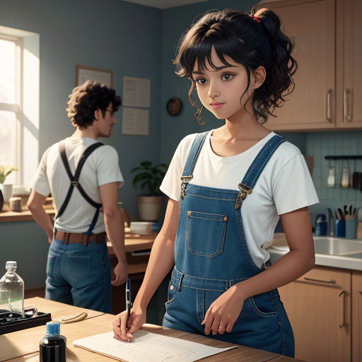 a girl in overalls writing on a piece of paper while a man watches from the kitchen counter behind her