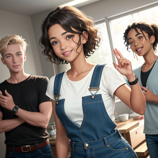 a woman in overalls standing next to two men in a kitchen with a window behind her and pointing at the camera
