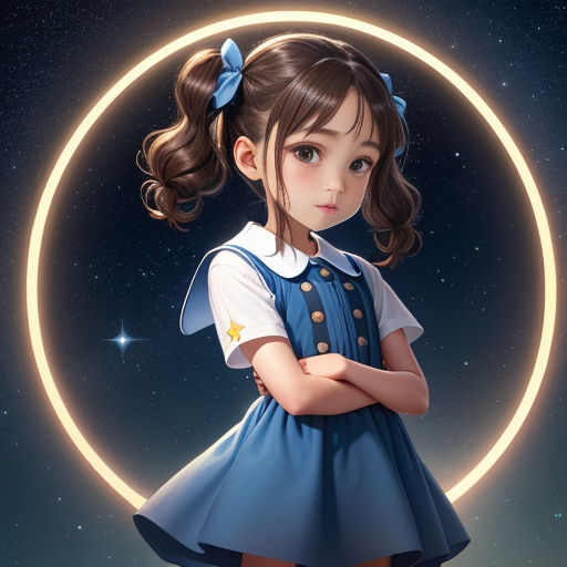 a girl in a blue dress standing in front of a circle with stars on it and a star in the background