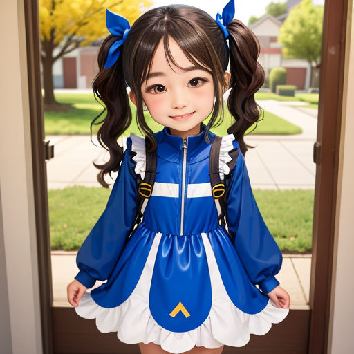 a little girl dressed in a blue and white outfit and a bow in her hair, standing in front of a door