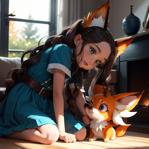 a girl in a blue dress is petting a stuffed fox on the floor in front of a fireplace
