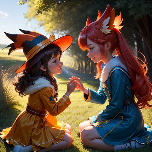 two little girls dressed in costumes sitting on the grass together, one of them is holding a wand and the other is wearing a hat