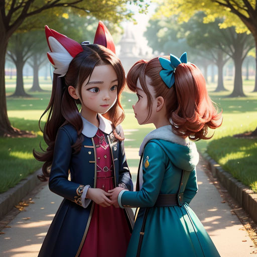 two little girls dressed in costumes standing next to each other on a sidewalk in a park with trees and grass