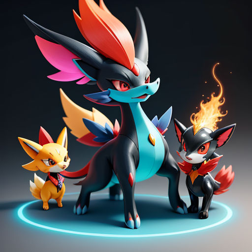 a group of pokemons standing next to each other on a circle of fire and water with their tails curled up