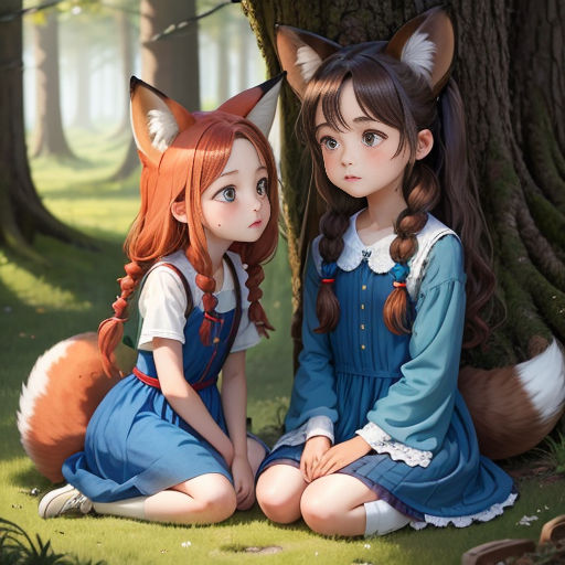 two girls sitting next to each other in the woods with a fox on their back legs and a fox on their shoulder