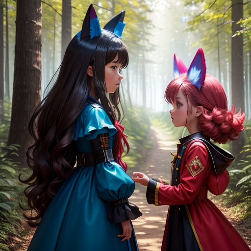 two girls dressed in costumes standing in the woods, one of them is touching the other's hand