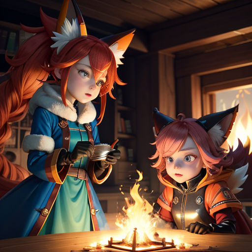 two animated characters standing next to a lit candle on a table with a cat on it and a cat on the table