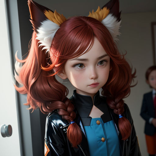 a girl with red hair wearing a cat ears costume and a blue dress with a black jacket and a red hair