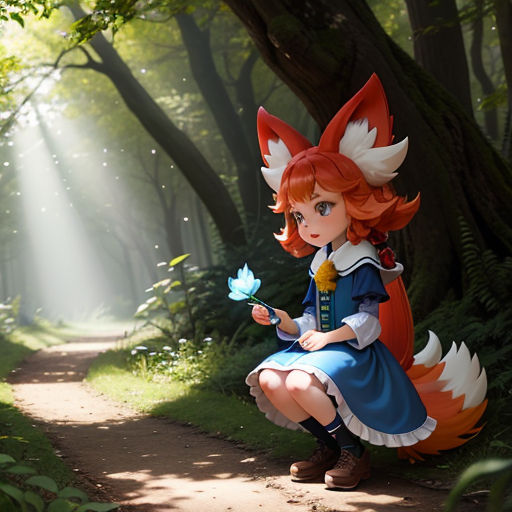 a woman in a blue dress sitting on a path in a forest with a blue flower in her hand
